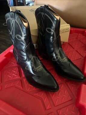 Call It Spring Black Western Ankle Boots with Contrast Stitching